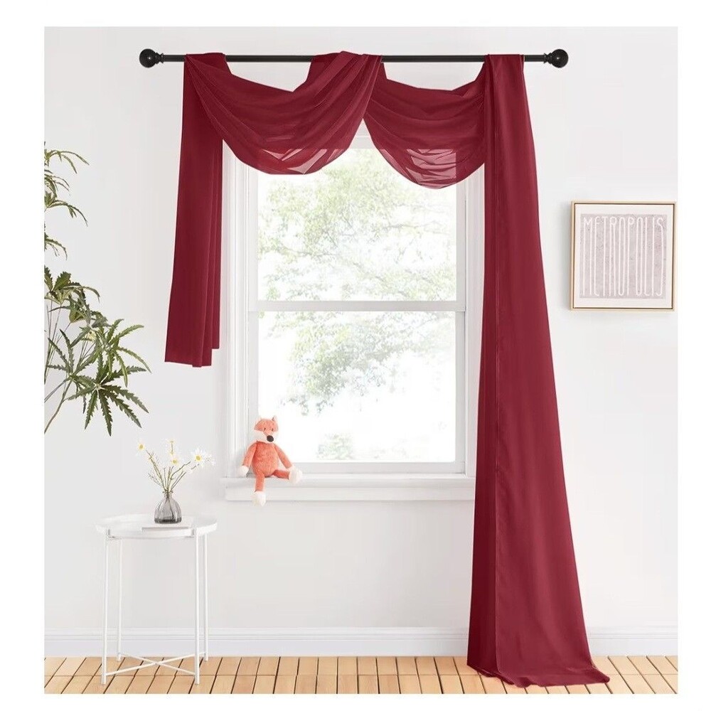 Sheer Window Scarf, set of 2, 112 x 29 inches Cranberry Red Burgundy Sparkle
